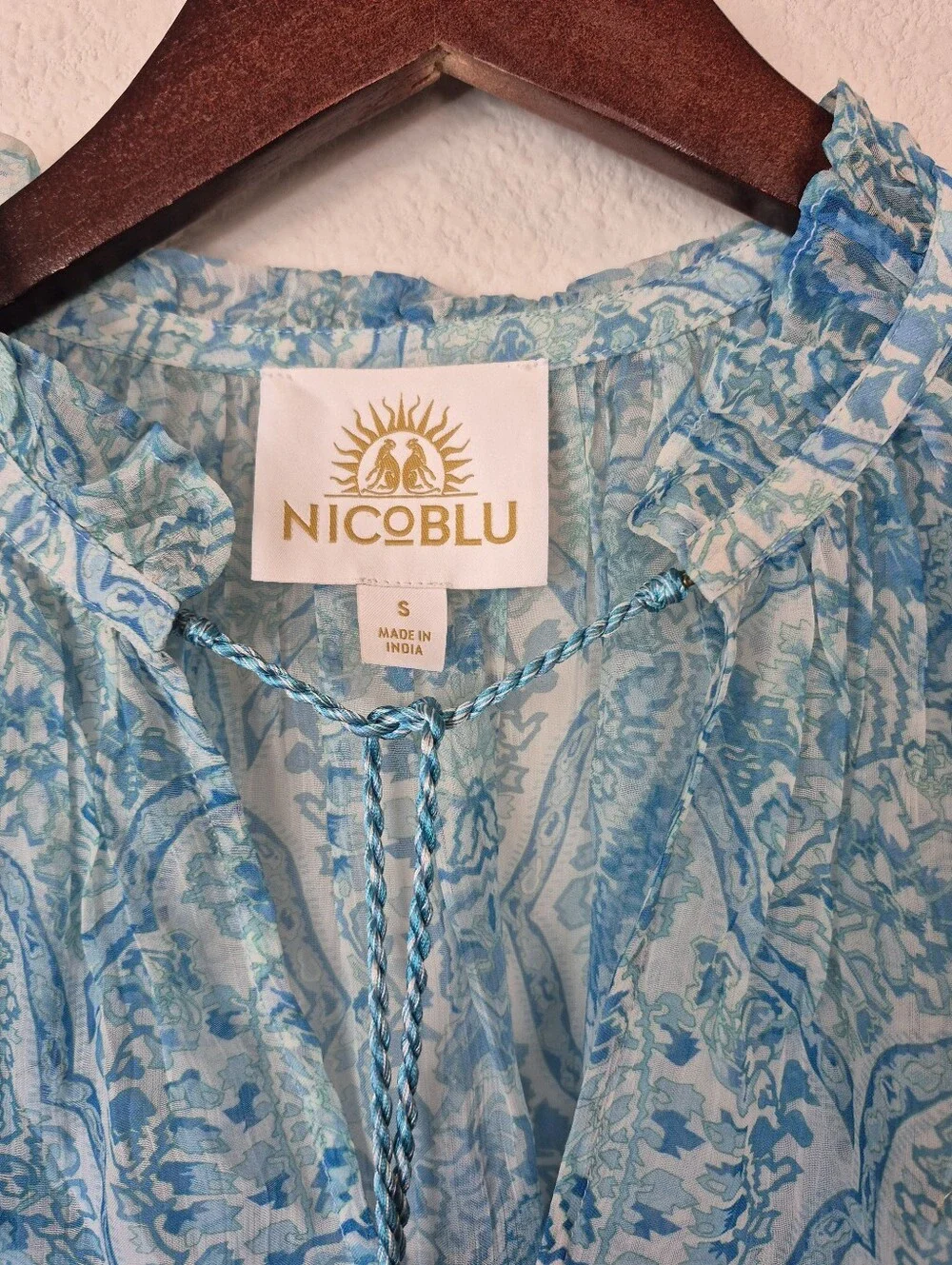 Nicoblu Artemisia Chiffon Blouse Turquoise Paisley Size Small Boho Peasant